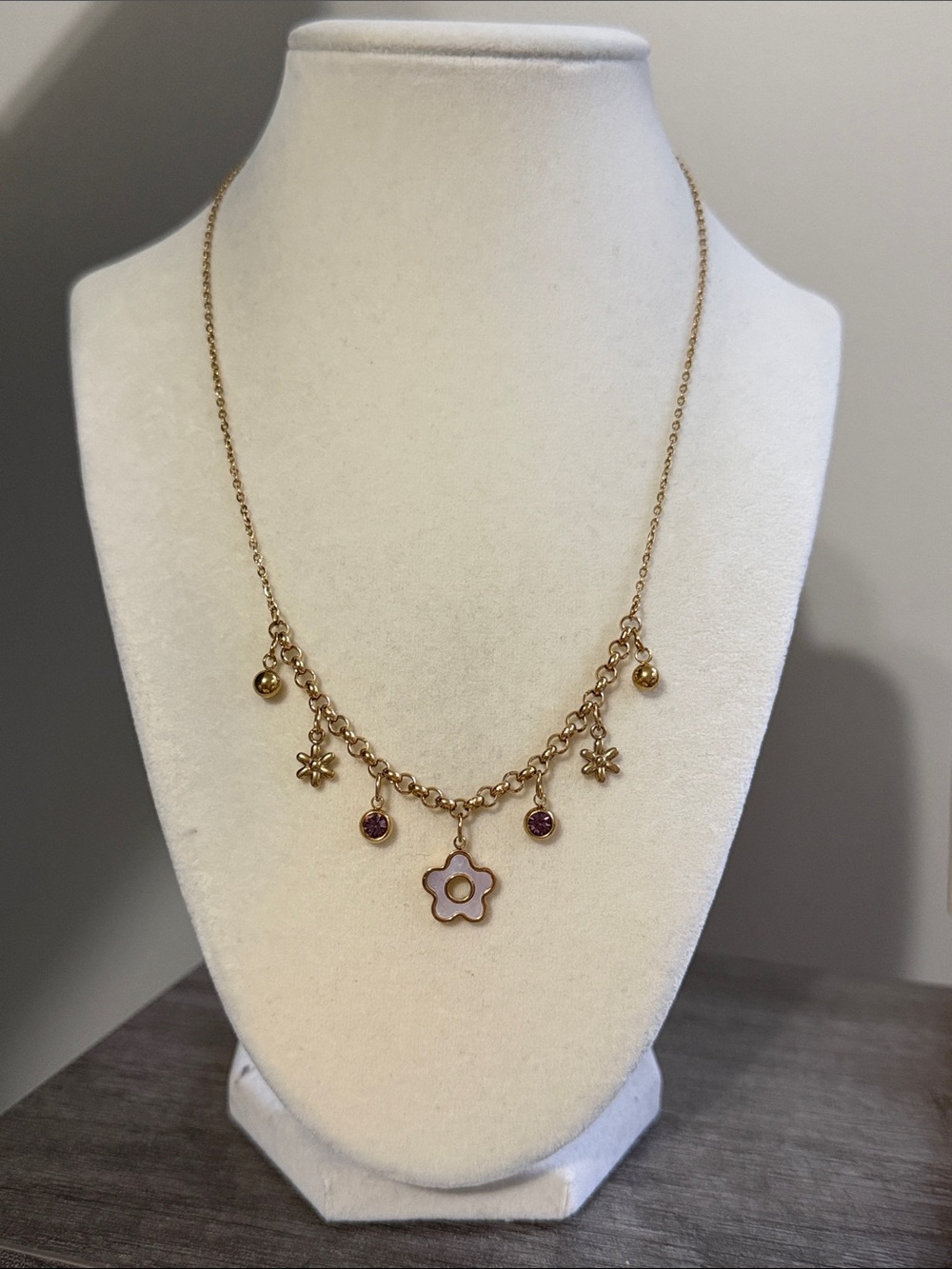 GP SS Flower & Purple Rhinestone Charm Necklace